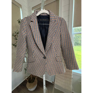 Women's Zara Basic XS Cream Navy Brown Houndstooth Tweed Blazer with Pockets